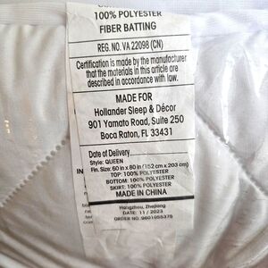Hollander Sleep Mattress Topper Queen 60" x 80" Thick Pad Padded Quilted Fitted